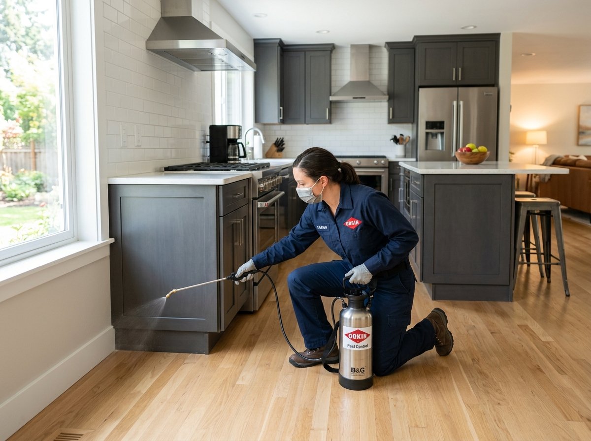 Residential pest control treatment in a modern kitchen